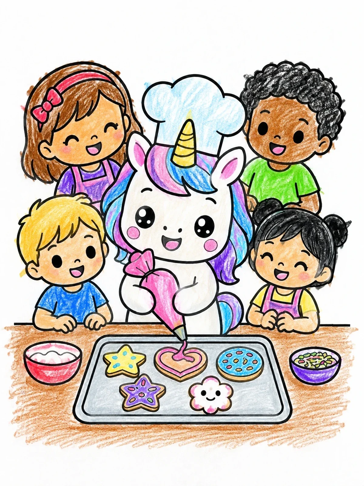 Colored example of the Chef Unicorn Baking Cookies With Kids coloring page