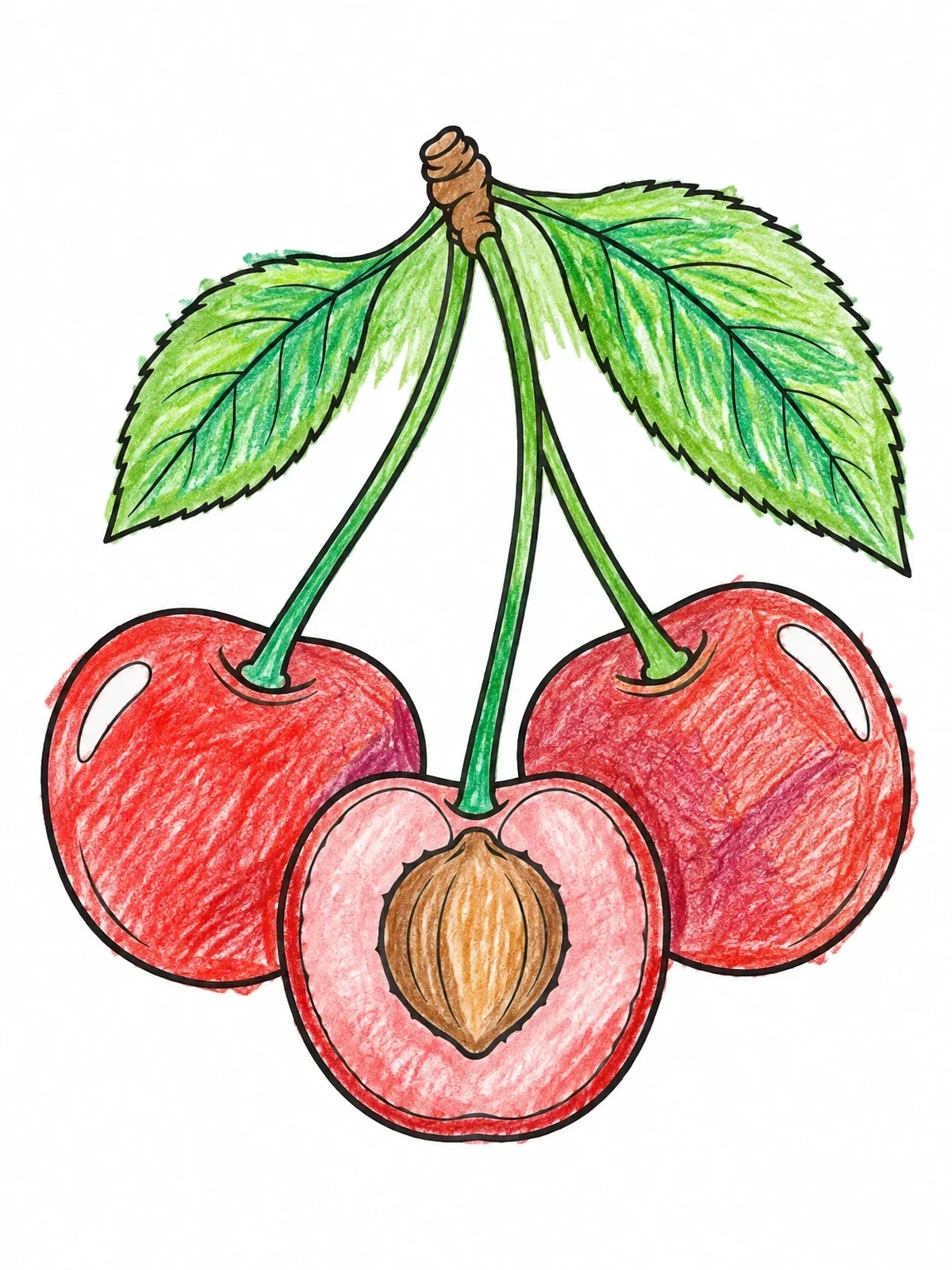 Colored example of the Trio Of Cherries With Cross Section coloring page