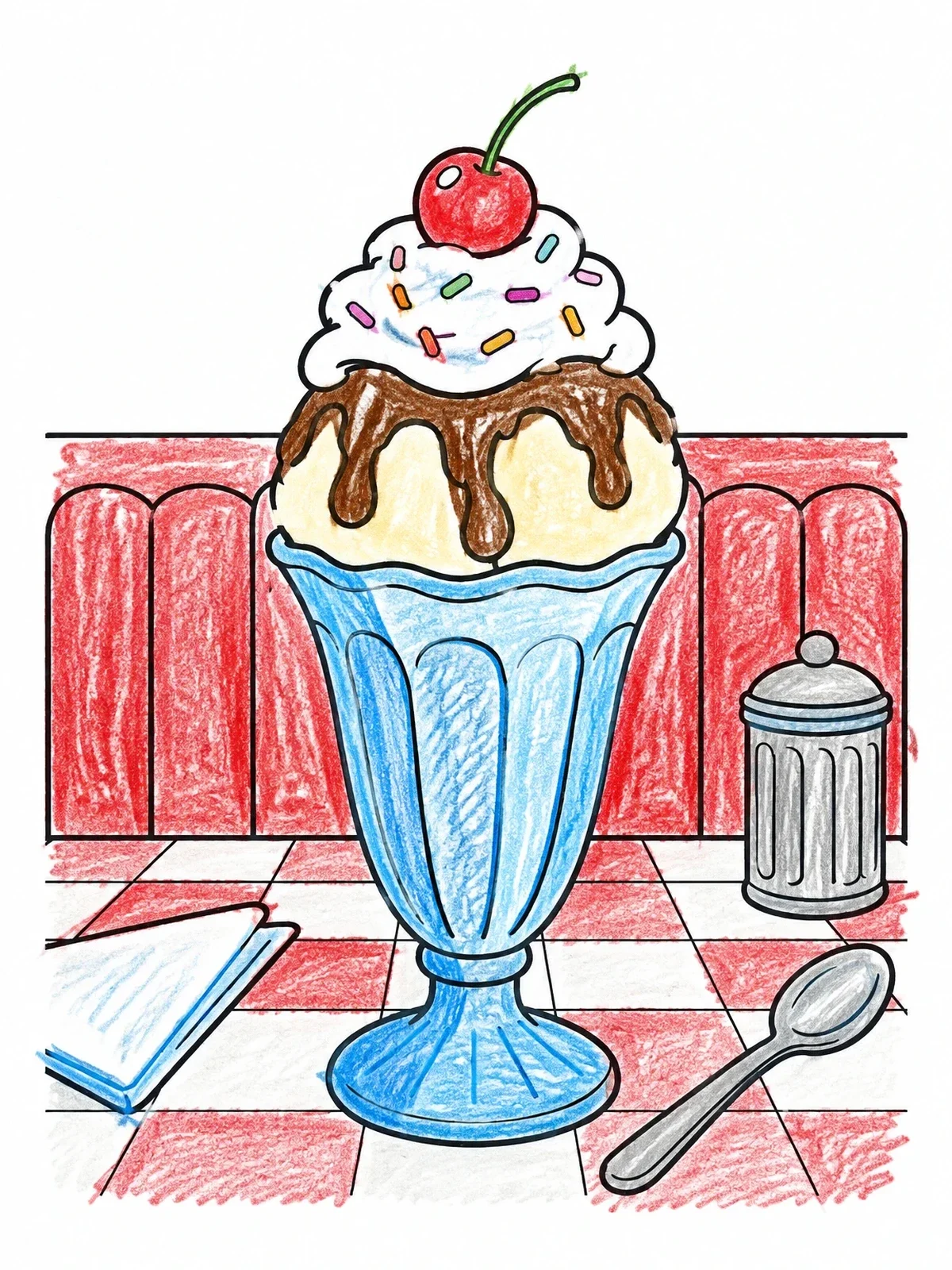 Colored example of the Diner Ice Cream Sundae With Cherry coloring page