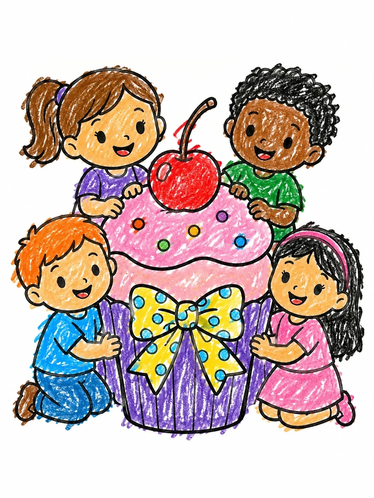 Colored example of the Happy Kids Around Giant Cupcake coloring page
