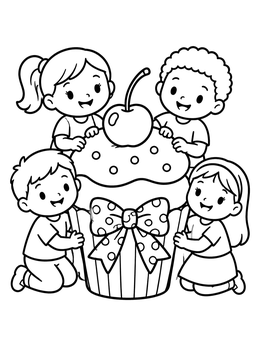 Free printable Happy Kids Around Giant Cupcake coloring page