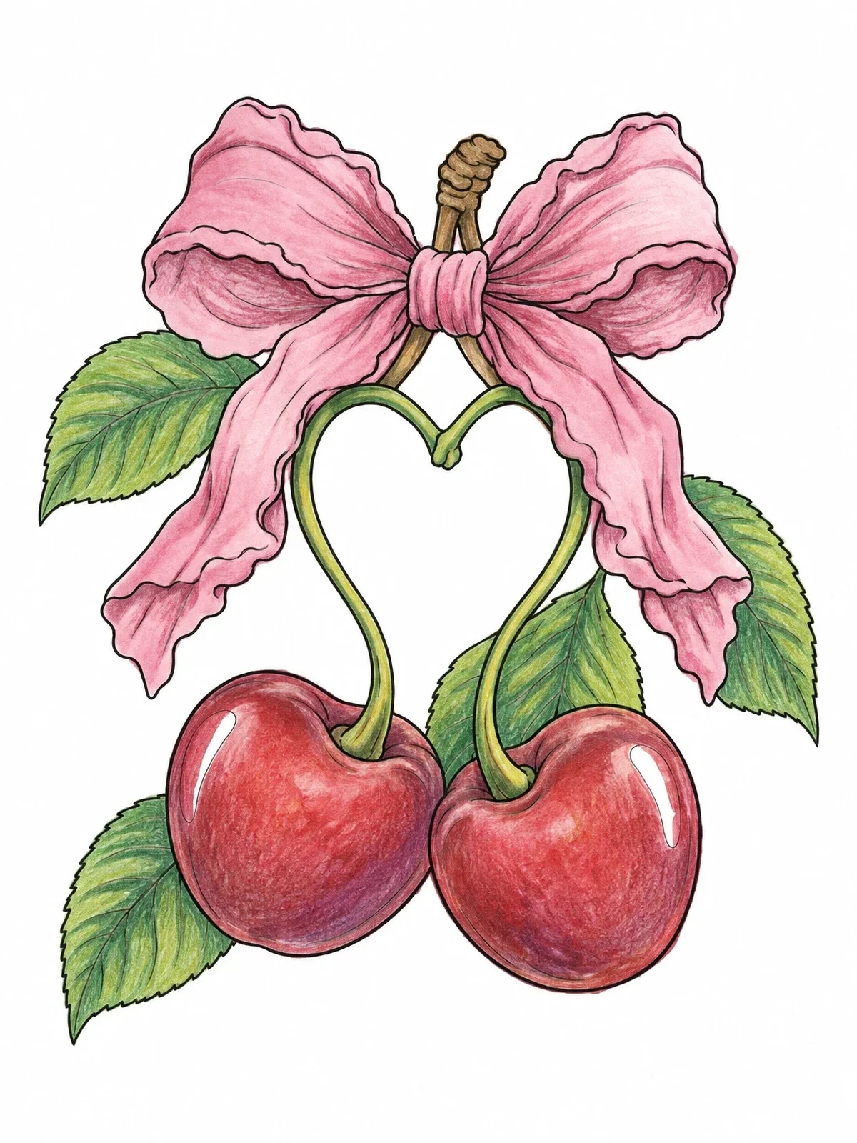 Colored example of the Heart Cherries With Ribbon Bow coloring page