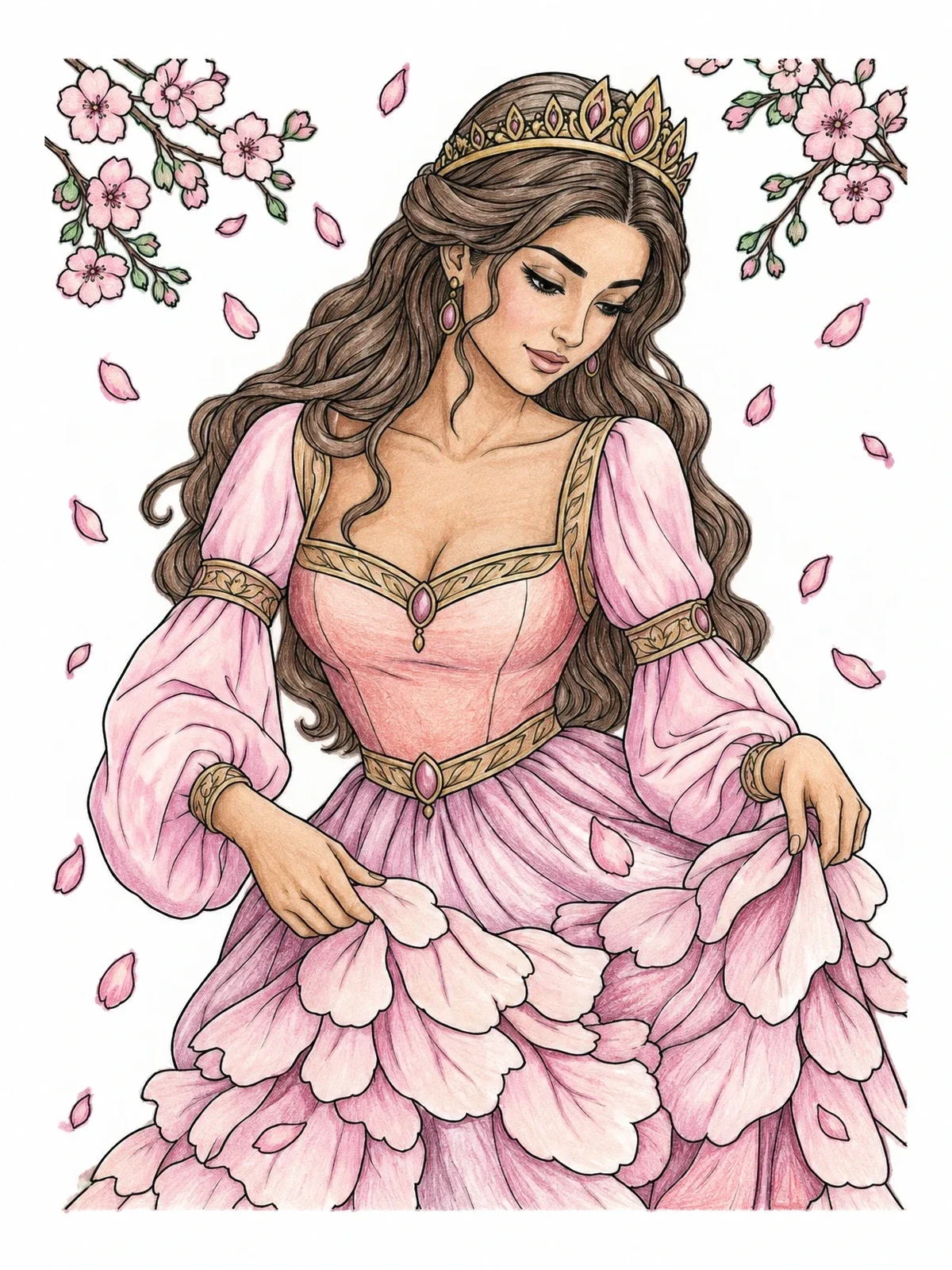 Colored example of the Princess With Petal Gown And Cherry Blossoms coloring page