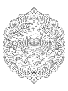 Free printable Japanese Garden Bridge With Koi Pond coloring page