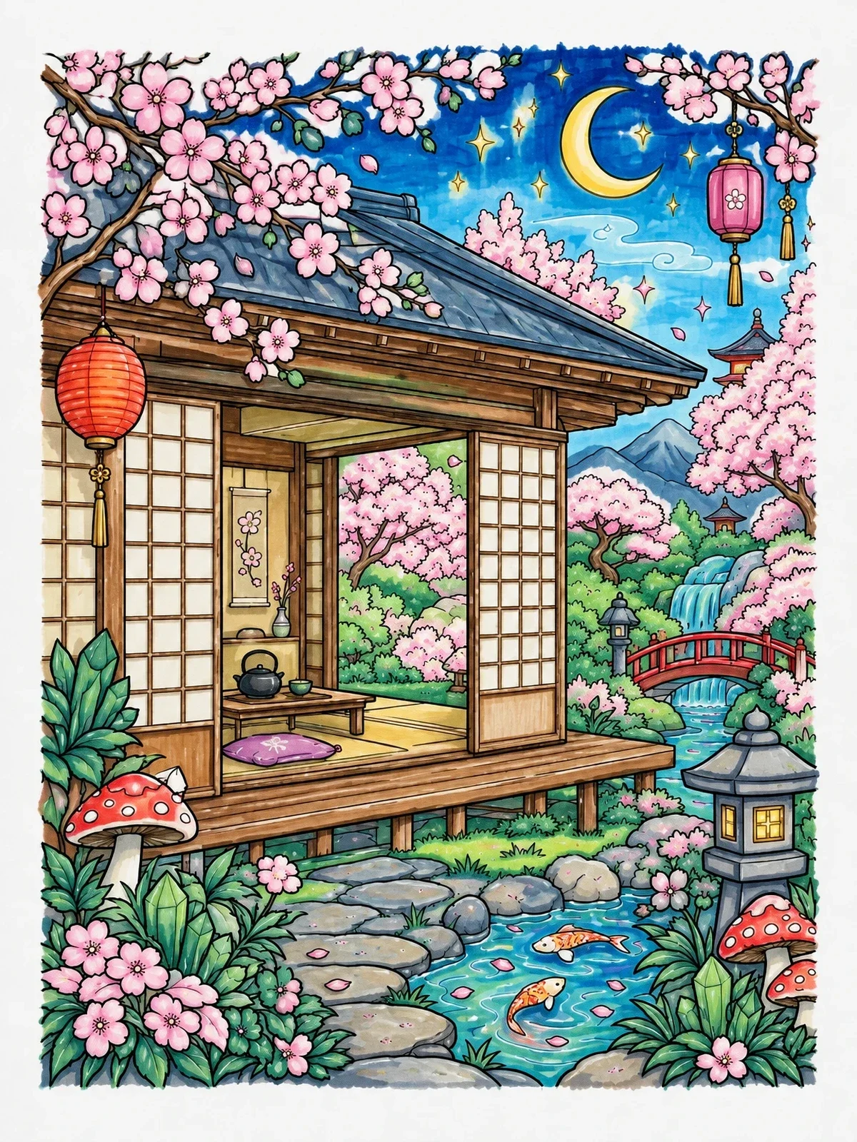 Colored example of the Japanese Tea House In Sakura Garden coloring page