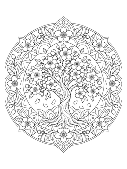 A blooming tree coloring page set within an intricate floral mandala frame.