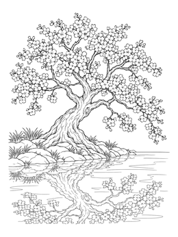 Free printable Cherry Blossom Tree By The River coloring page