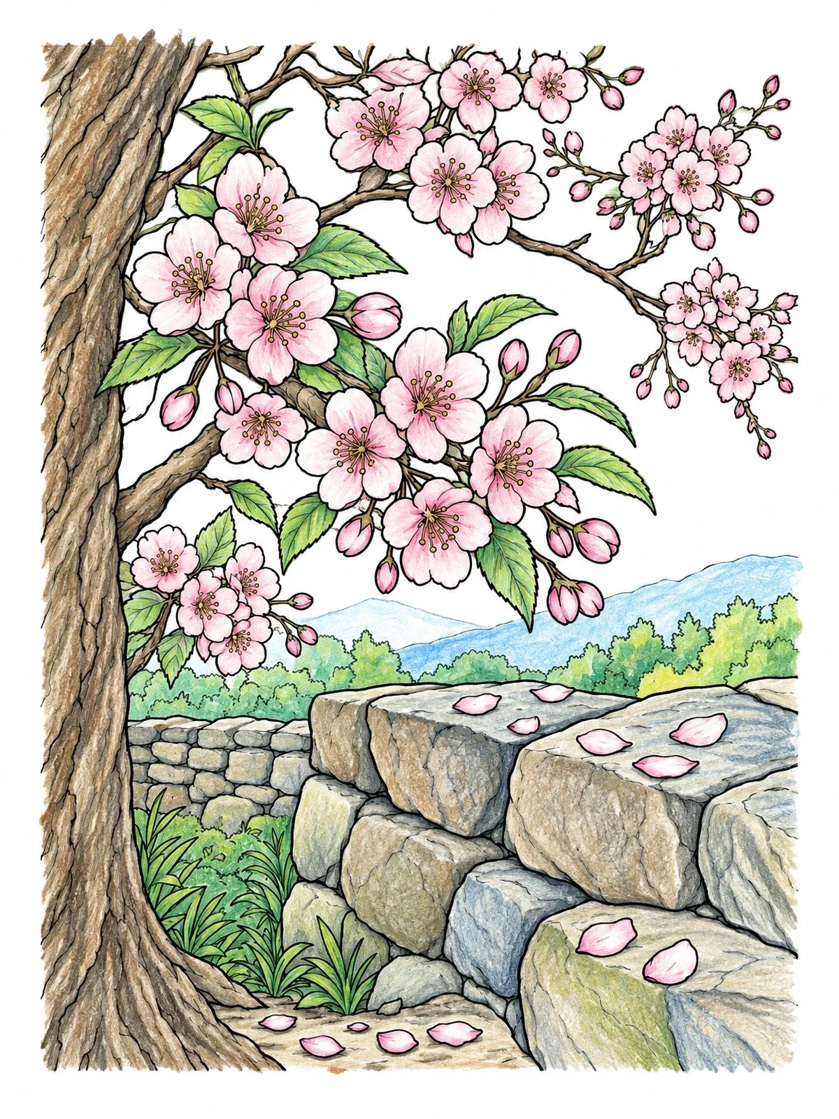 Colored example of the Cherry Blossoms By A Stone Wall coloring page