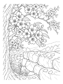 Free printable Cherry Blossoms By A Stone Wall coloring page