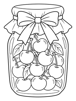 A glass jar packed with cherries in this bow coloring page.