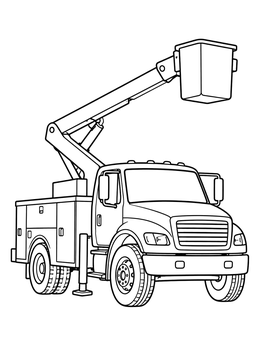 Detailed cherry picker truck coloring page with raised hydraulic boom lift.