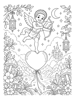 A cherub coloring page showing a cheerful angel balancing on a heart balloon with a bow.