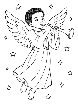 A cute cherub coloring page featuring a winged angel blowing a trumpet among stars.