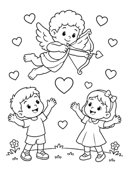 Free printable Cute Cupid Flying Above Happy Children coloring page
