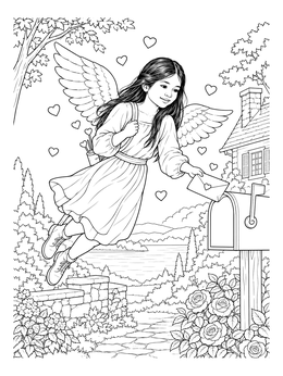 A winged cherub coloring page showing an angel delivering a love letter to a rustic mailbox.