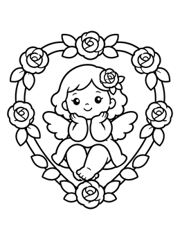 Free printable Cherub In Rose Heart Wreath coloring page