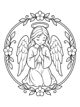 A peaceful cherub coloring page featuring a kneeling angel inside a round floral frame.