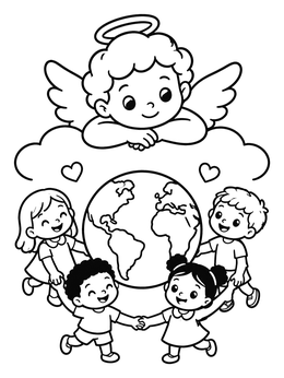 A cute cherub coloring page with an angel on a cloud watching kids dance around the globe.