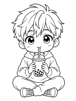 A chibi boy cute anime coloring page sitting cross-legged while drinking bubble tea.