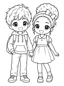 An anime couples holding hands coloring page with two smiling kids wearing school outfits.