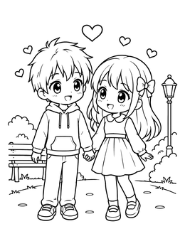Free printable Cute Chibi Couple Holding Hands In Park coloring page