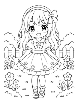 Cute anime girl coloring page featuring a chibi character standing in a garden with simple flowers.