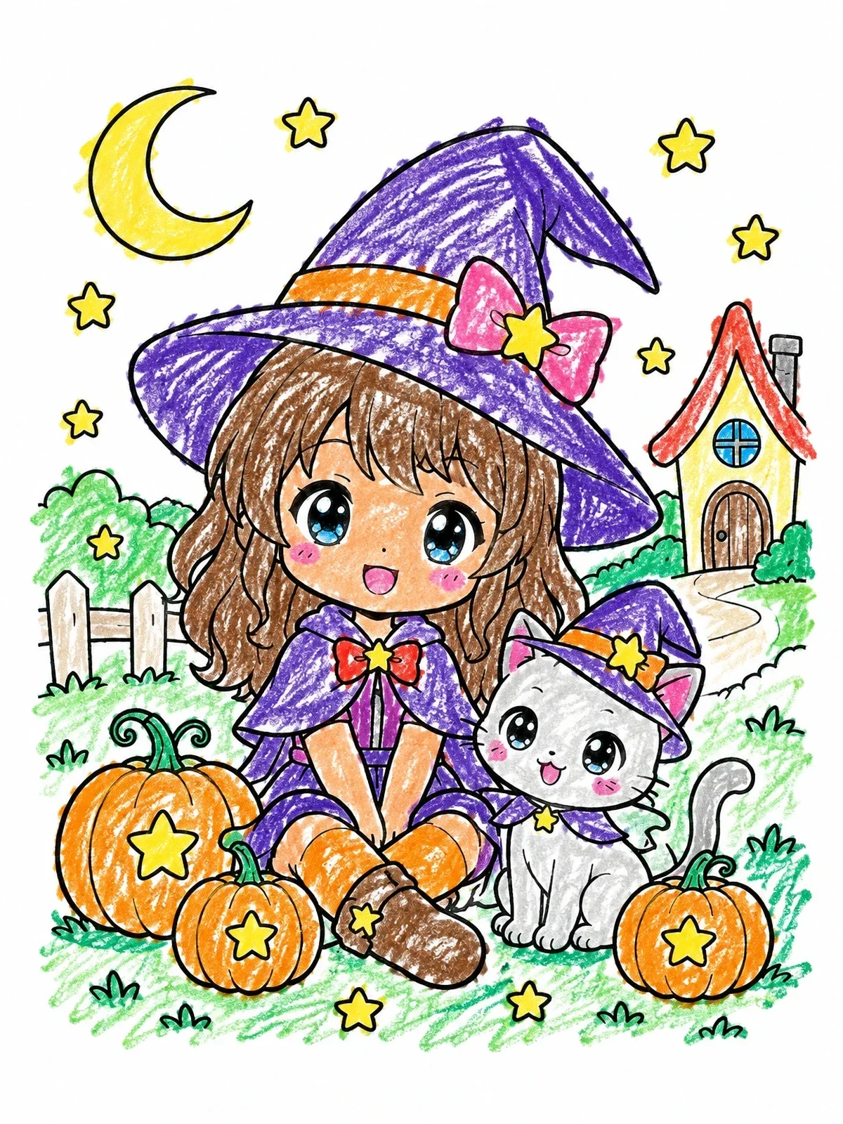 Colored example of the Chibi Witch With Cat And Pumpkins coloring page