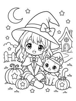 Free printable Chibi Witch With Cat And Pumpkins coloring page