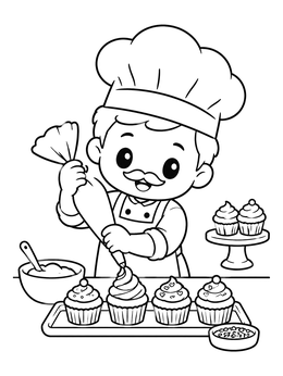 A cheerful chibi coloring page showing a tiny baker frosting delicious cupcakes.