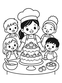A cheerful chibi coloring page with happy children gathered around a strawberry cake.