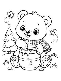 A sweet chibi coloring page showing a bear cub in a scarf dipping a paw into sweet honey.
