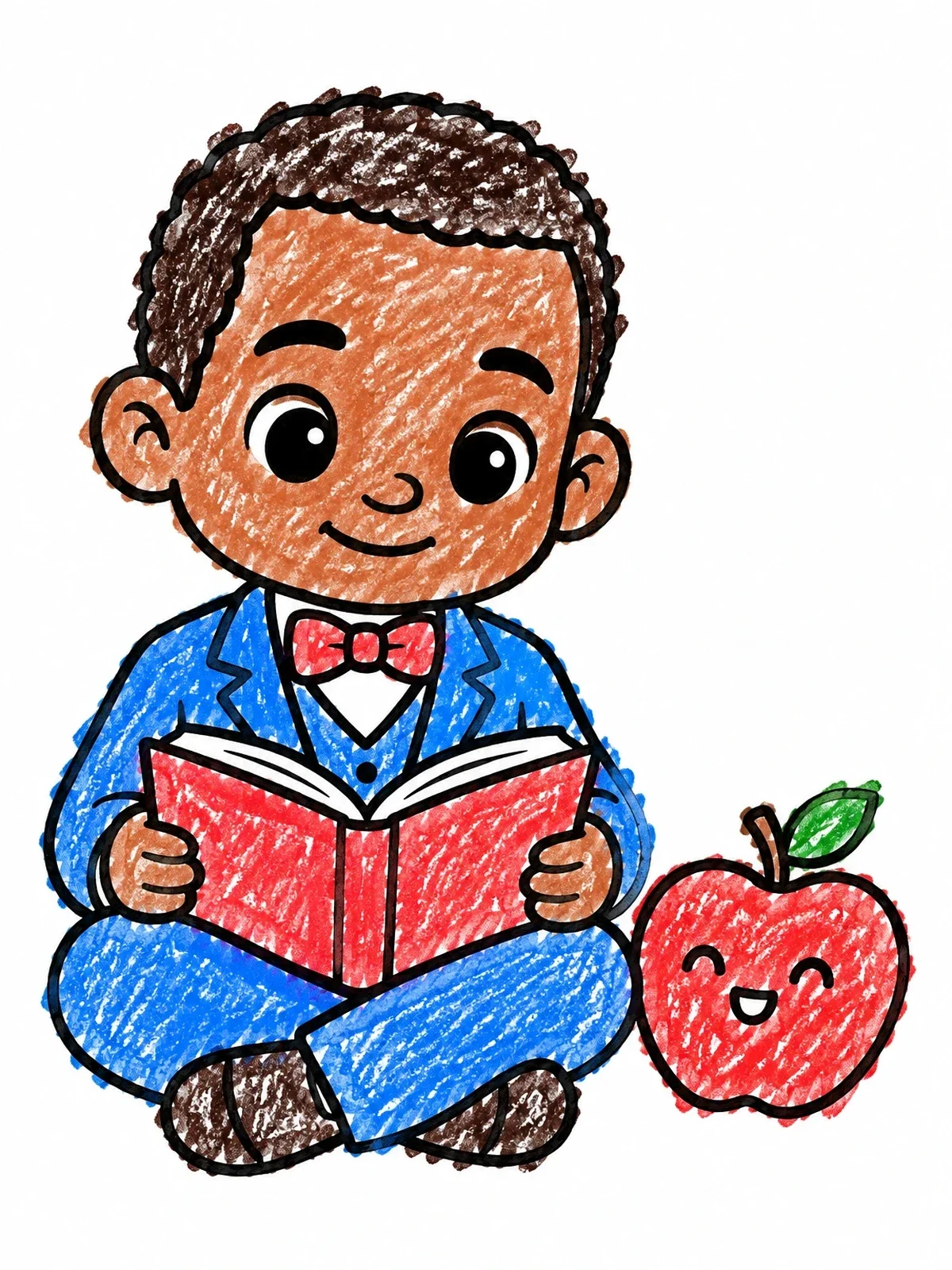 Colored example of the Young Booker Reading With Happy Apple coloring page