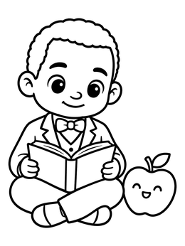 Free printable Young Booker Reading With Happy Apple coloring page