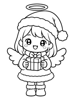 A chibi coloring page featuring an angel wearing a Santa hat and holding a gift.
