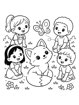 A chibi coloring page showing a little fox and four cheerful children watching a floating butterfly in a meadow.