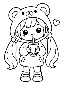 Free printable Chibi Girl In Bear Hoodie With Boba coloring page