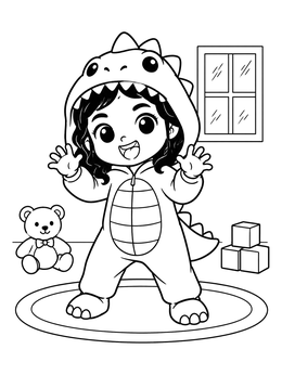 A playful chibi coloring page showing a girl in a dinosaur onesie roaring in her playroom.