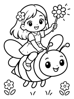 Free printable Cute Girl Riding A Happy Bumblebee coloring page