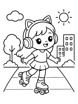 A chibi coloring page showing a happy girl roller skating down a city street with cat headphones.