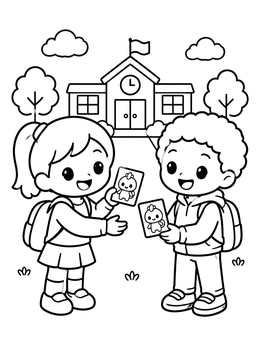 Two smiling students trading cards outside on a chibi coloring page.