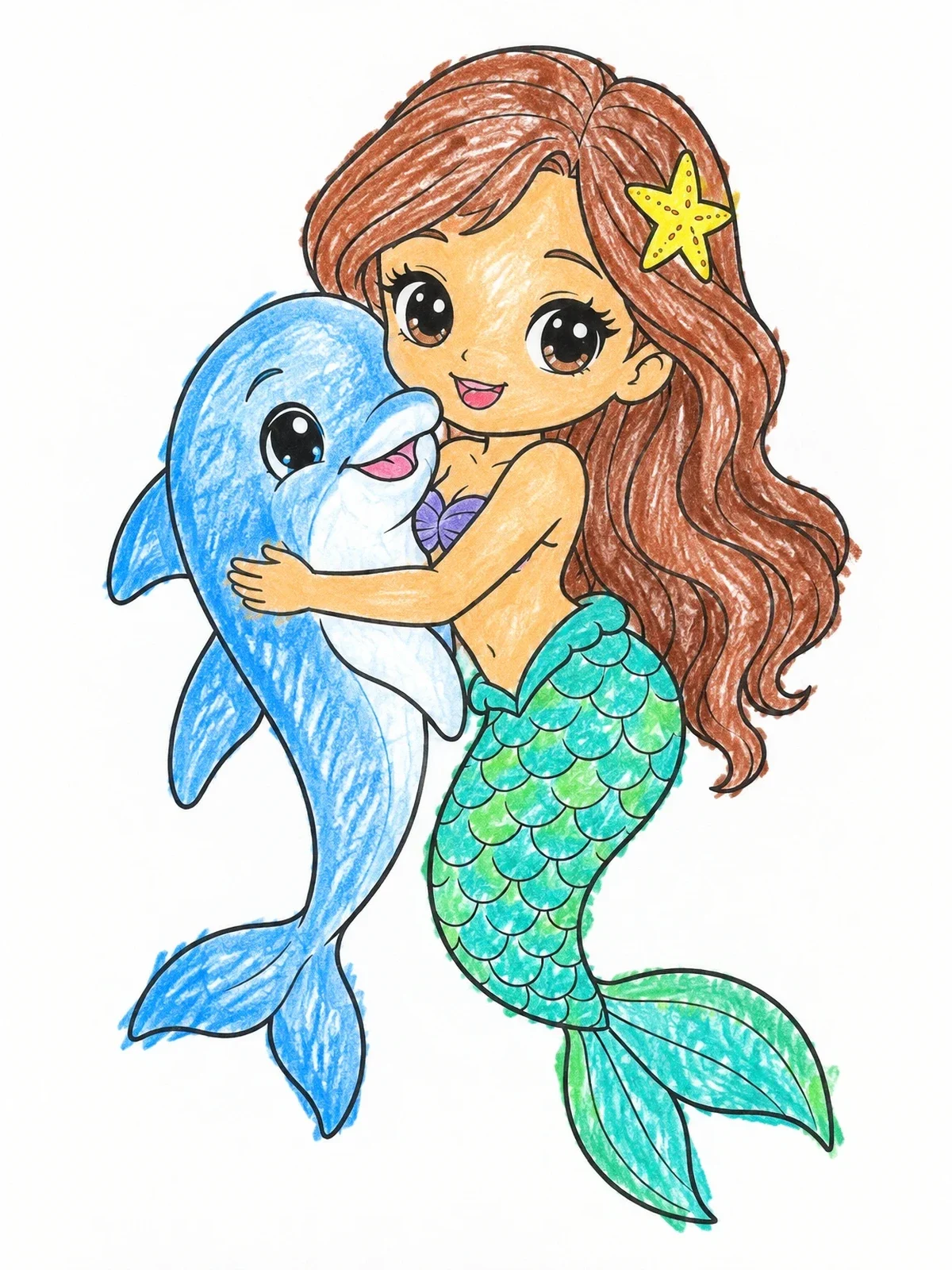 Colored example of the Cute Chibi Mermaid Hugging A Dolphin coloring page