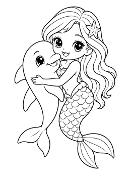 A chibi mermaid hugging her dolphin friend in this sweet mermaid dolphin coloring page.