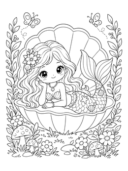 A chibi coloring page showing a cute little mermaid resting inside a large open seashell.
