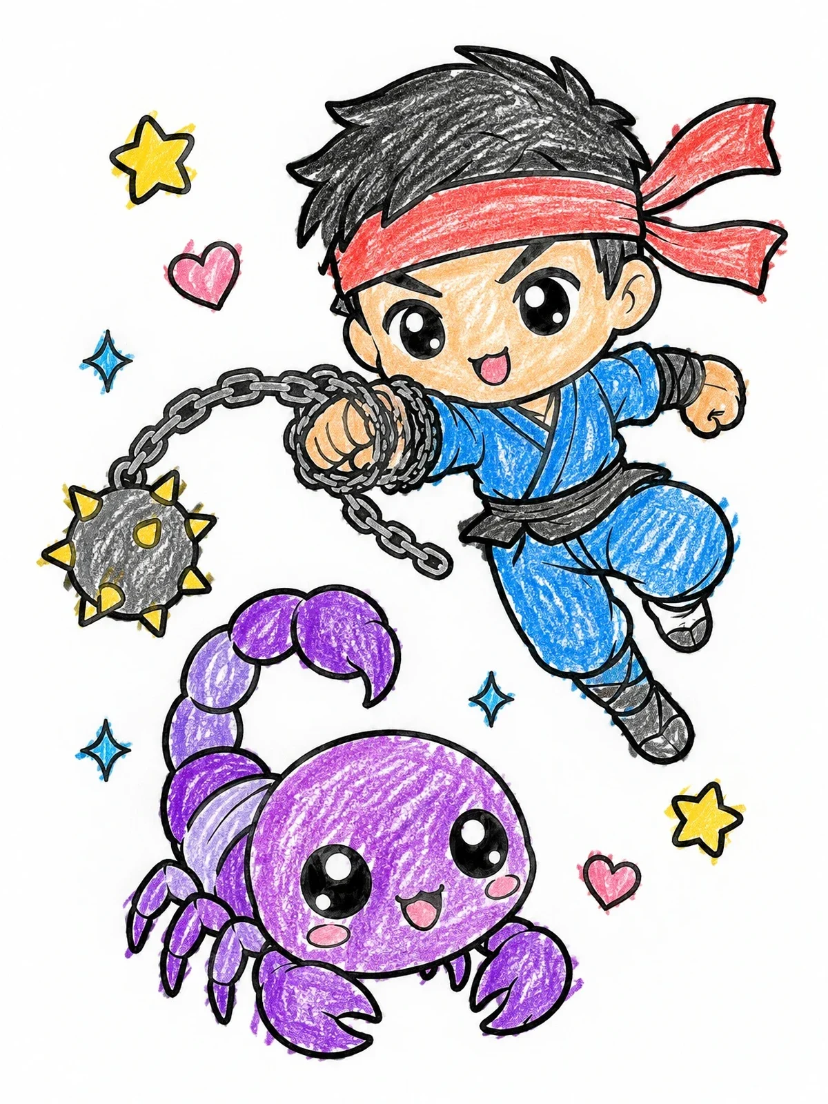 Colored example of the Chibi Ninja And Cute Scorpion coloring page