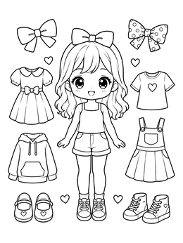 A sweet chibi girl surrounded by outfits on this paper doll coloring page.