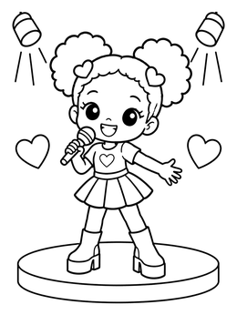 A chibi coloring page of a cute pop star singing on stage under bright spotlights.