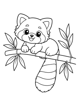 A chibi coloring page showing a cute red panda resting on a bamboo branch with its bushy tail.