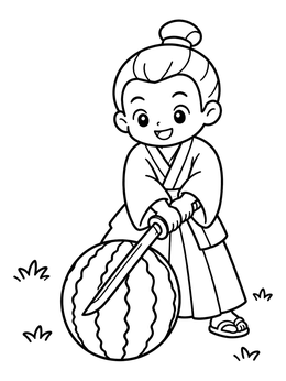 Free printable Cute Samurai Slicing A Watermelon coloring page