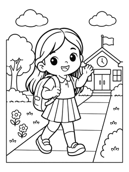 Happy schoolgirl waving on a chibi coloring page with a schoolhouse behind.