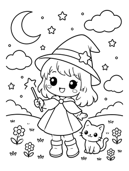 A cute little chibi coloring page with a young witch, magic wand, and kitten under a starry night sky.